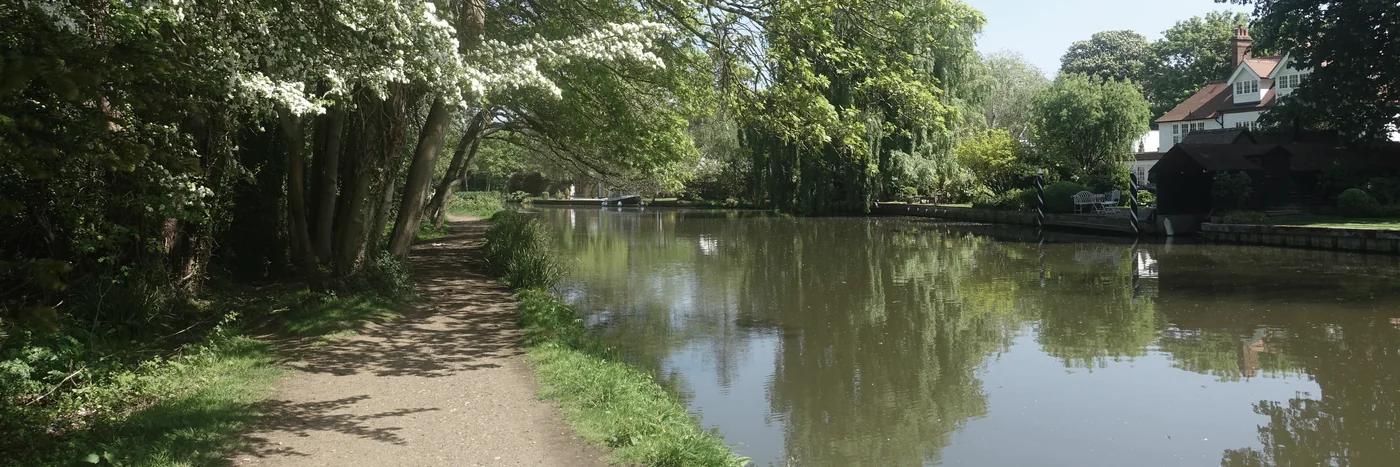 The towpath beside the River Wey near Weybridge, running under trees in blossom alongside still water.